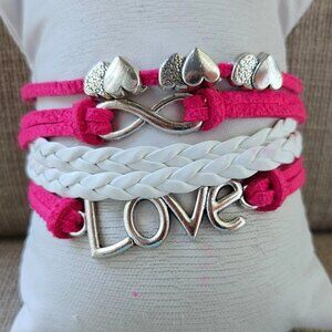 Love Bracelet Fashion Jewelry White/Pink Faux Leather Wrist Band Size Adjustable